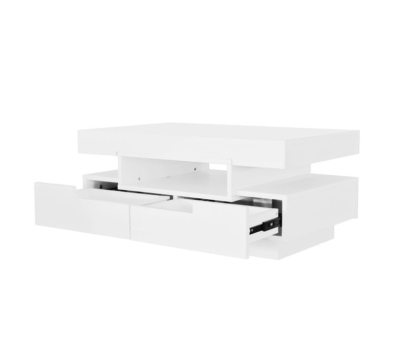 Table Basse Rectangulaire Blanche Brillante Avec LED, 4 Tiroirs De Rangement, 80x50x36cm