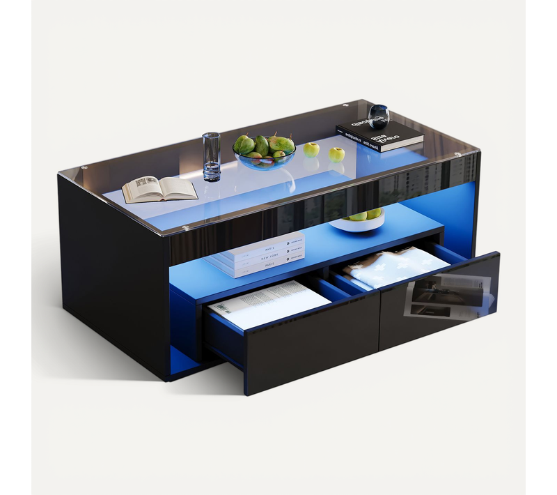 Table Basse Noir Rectangulaire Plateau En Verre, LED, Avec 2 Tiroirs, 100×50×40cm