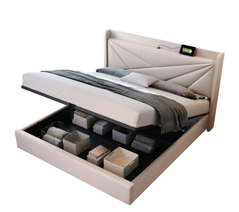 Lit Coffre Adulte 180x200 Cm Avec Fonction De Charge USB Et Type C Tête De Lit, En Lin, Beige