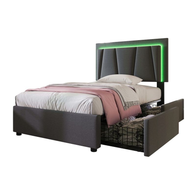 Lit Enfant 90x200 Cm Avec Éclairage LED Télécommandé, 2 Tiroirs, Tête De Lit Réglable, En Lin, Gris