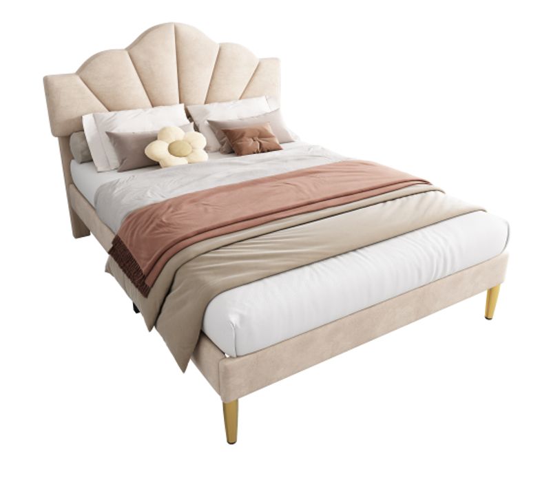 Lit Adulte 140x190 Cm Avec Pieds En Fer Doré, Tête De Lit Coque Réglable, Velours, Beige