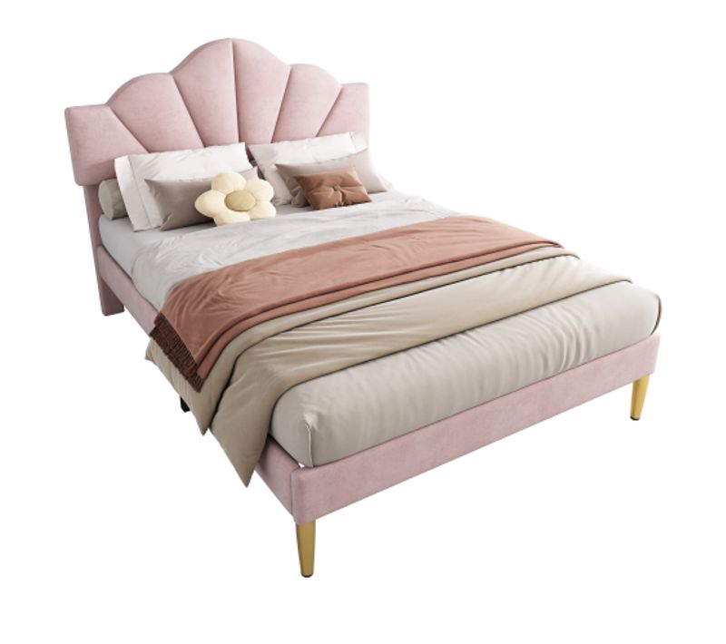 Lit Adulte 140x190 Cm Avec Pieds En Fer Doré, Tête De Lit Coque Réglable, Velours, Rose