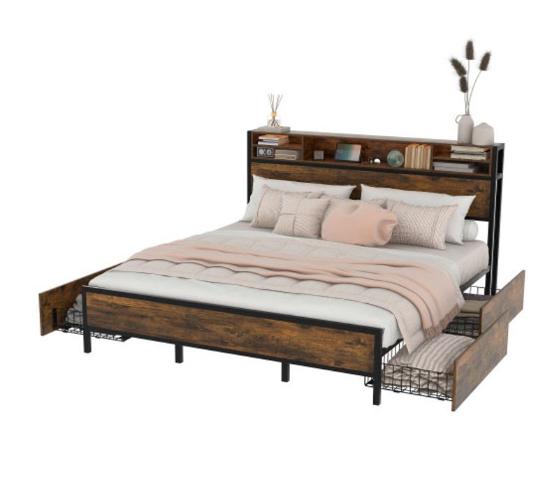 Lit 180x200 Cm Avec 4 Tiroirs, Lit Adulte Avec Tête De Lit LED Avec Port De Charge USB, Marron