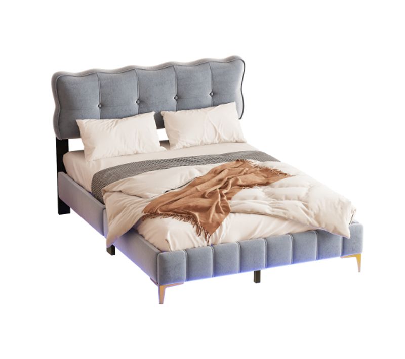 Lit Adulte 140x200 Cm, Lit Ados Avec LED Et Sommier à Lattes, Tissu Velours, Gris