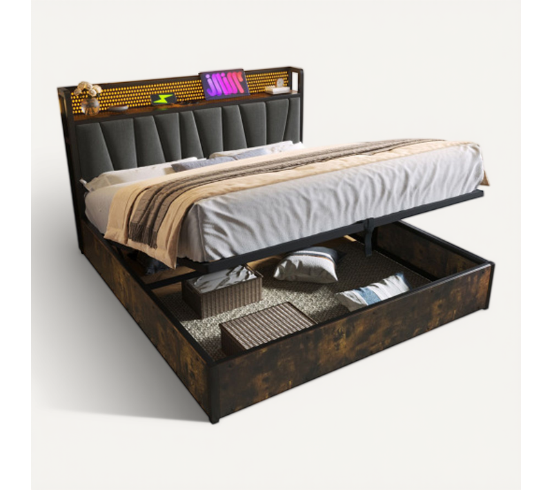 Lit Coffre 180x200 Cm, Lit Adulte Avec Charge USB, Tête De Lit Et Éclairage LED, Gris, Sans Fond