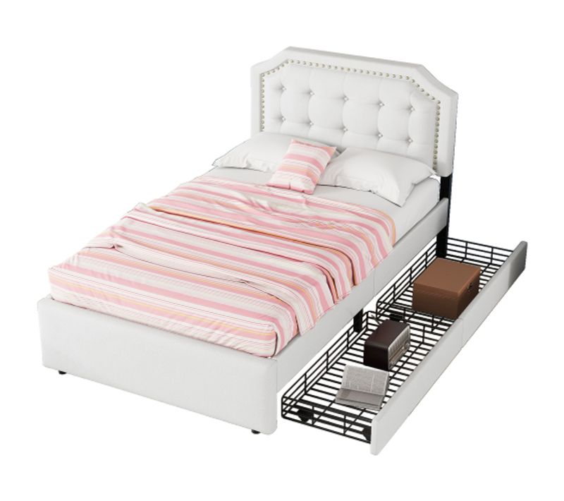 Lit Simple Lit Enfant 90x200 Cm Avec Tête De Lit Capitonnée et 2 Tiroirs, En Lin, Beige Clair