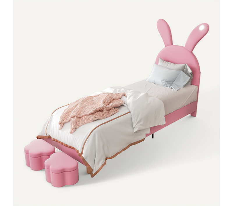 Lit Enfant 90x200 Cm Avec 2 Tabourets De Rangement, Lumières LED, Oreilles De Lapin Pliables, Rose