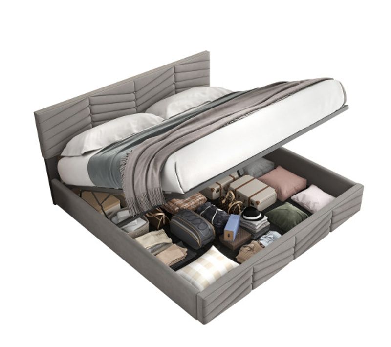 Lit Coffre 160x200 Cm, Lit Adulte Avec Tête De Lit Réglable En Hauteur, Velours, Gris
