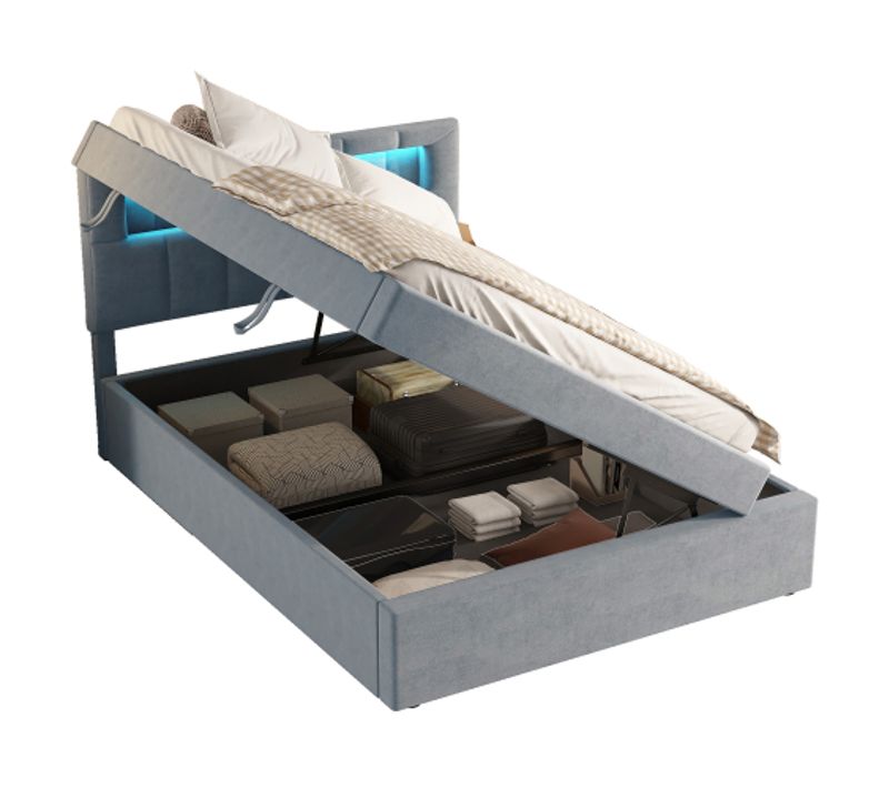 Lit Coffre 90x200 Cm Lit Enfant Avec LED, Ouverture De Rangement Sur Un Côté, Velours, Gris