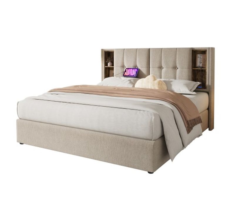 Lit Coffre 180x200 Cm Lit Adulte Avec Recharge Sans Fil USB C, Sommier à Lattes, En Lin Beige
