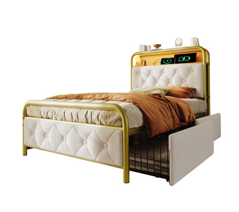 Lit Enfant 90x200 Avec 2 Tiroirs, Cadre De Lit En Métal Avec Charge USB Type C, Velours Blanc