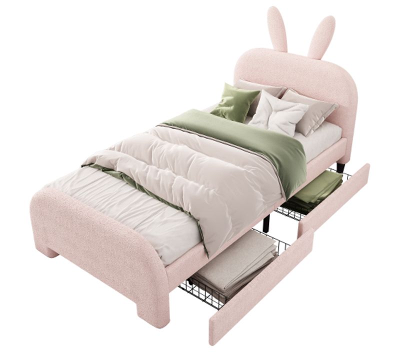 Lit Enfant 90x200 Cm Avec 2 Tiroirs, Tête De Lit Oreilles De Lapin, Sommier à Lattes, Rose