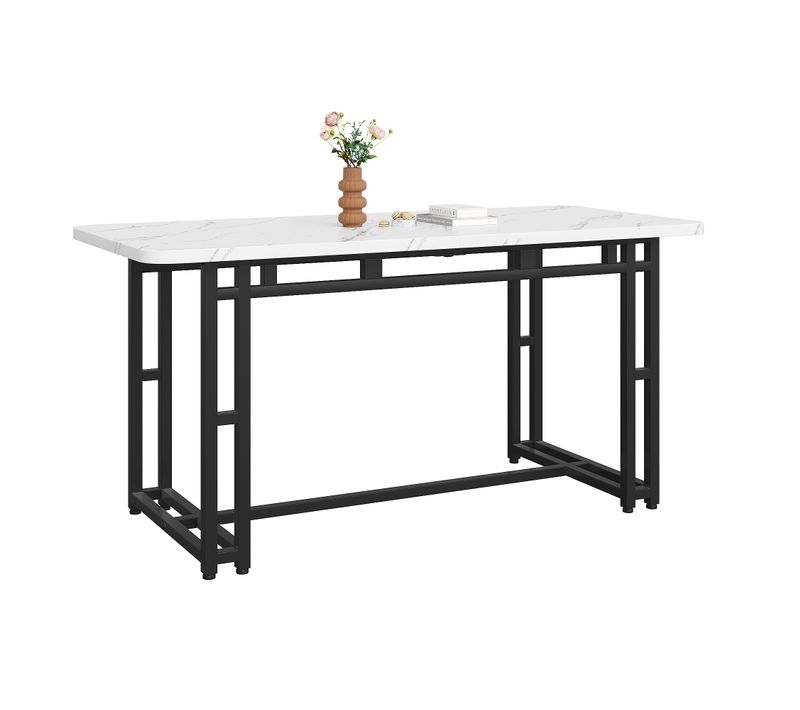 Table à Manger Rectangulaire Blanc, Pieds Noir, Structure En Métal, Placage Marbre, Mdf, 140×80×74cm