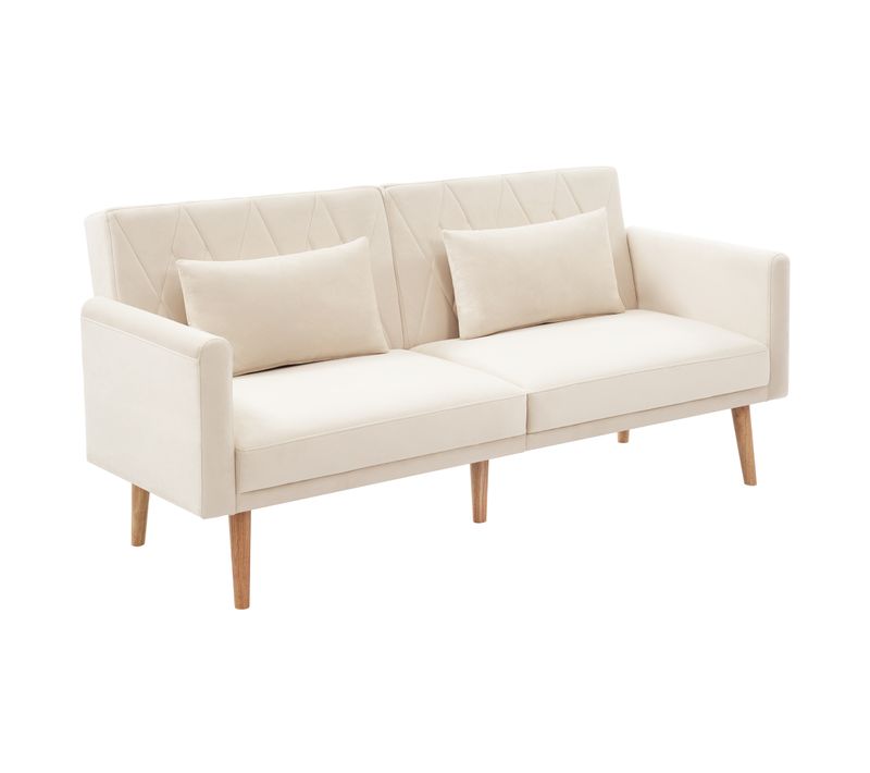 Canapé Convertible 2 Places En Velours - Dossier Réglable - 180×75×82 Cm - Beige