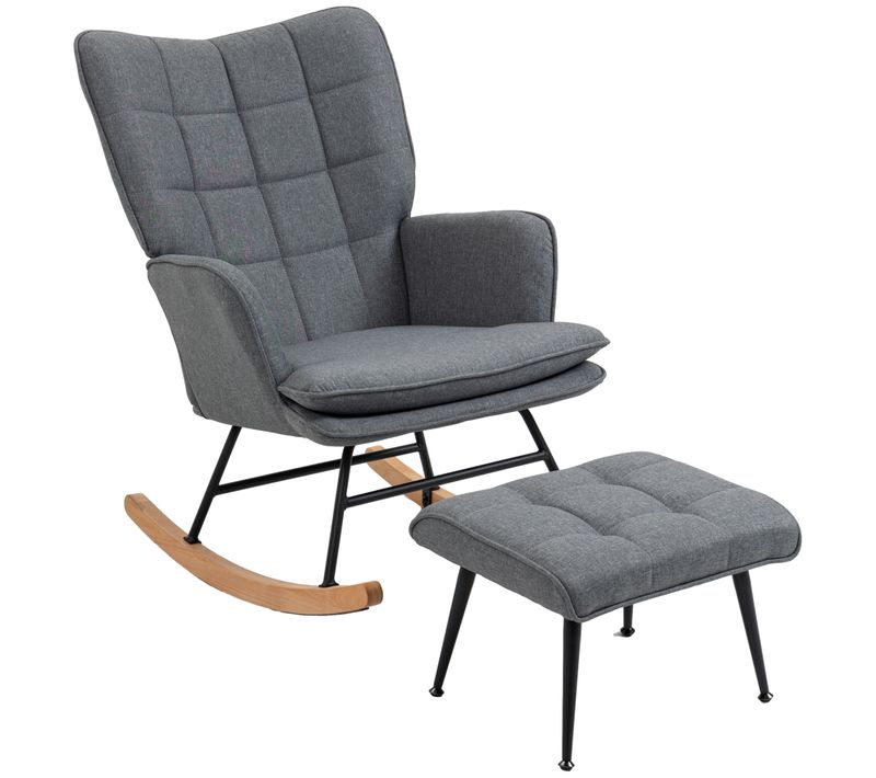 Fauteuil à Bascule Avec à Repose-pieds, Gris, Rocking-chair En Tissu Lin