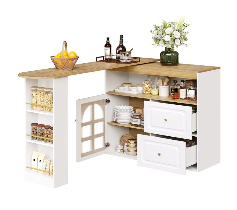 Meuble De Bar Pivotant 360° Blanc, Buffet De Cuisine, 2 Tiroirs, Rangement Ouvert, Mdf