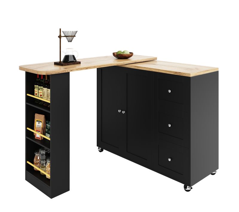 Meuble De Bar Avec Roulettes, Table De Bar Pivotante à 360°noir, 3 Tiroirs, Buffet De Cuisine