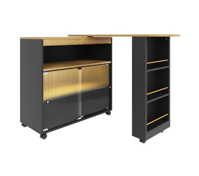 Meuble De Bar LED Avec Roulettes, Table De Bar Pivotante à 360° Noir, Buffet De Cuisine, Mdf