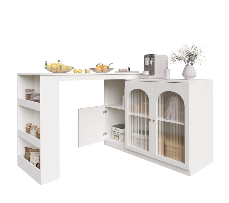 Meuble De Bar Rotatif 360°, Rangement Ouvert, 2 Portes Vitrées, 3 Étagères Latérales, Mdf, Blanc