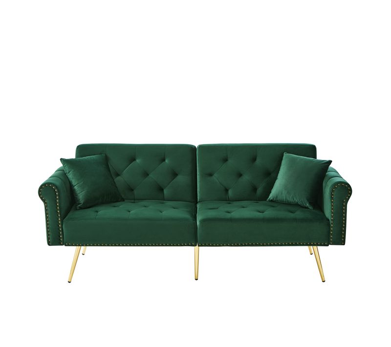 Canapé Convertible 2 Places, Tissu Velours, Double Dossier Réglable, Vert Antique, 173 X 75 X 70 Cm