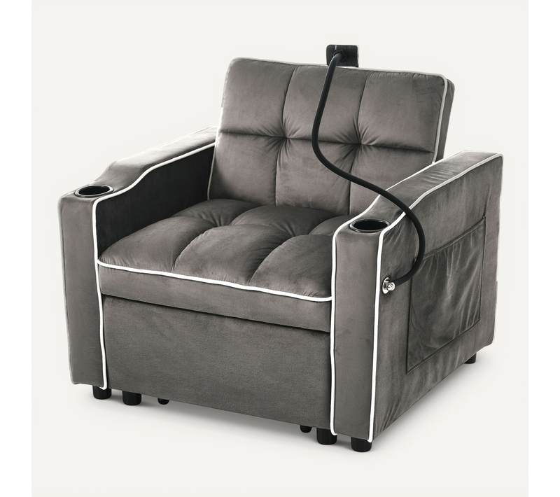 Fauteuil Convertible 1 Places 3 En 1 Avec Porte-gobelets Et Support Pour Téléphone Portable, Gris