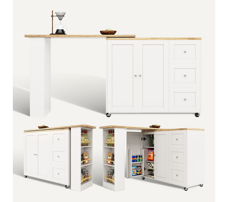Meuble De Bar Avec Roulettes, Pivotant 360°, 3 Tiroirs, 2 Portes, Table à Manger Mobile, Mdf, Blanc
