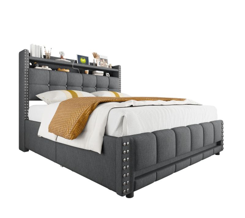 Lit Adulte 160x200 Cm Avec 4 Tiroirs,éclairage LED Télécommandé, Prise USB, Lin, Gris