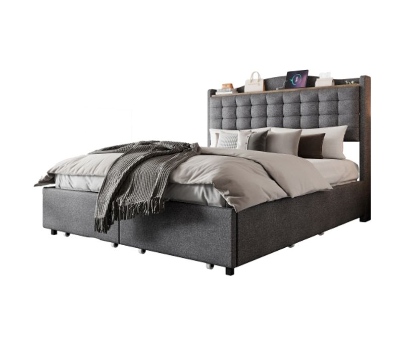 Lit Adulte 140x200 Cm Avec 4 Tiroirs, Port De Charge USB, Lin, Gris