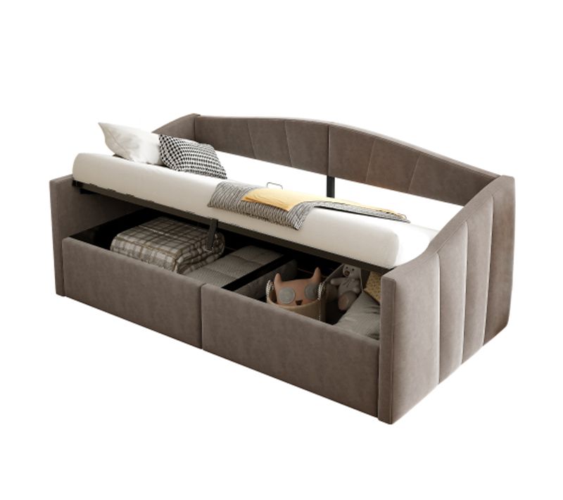 Lit Coffre 90x200 Cm Lit Enfant Avec Accoudoirs, Rayures Classiques,velours, Gris