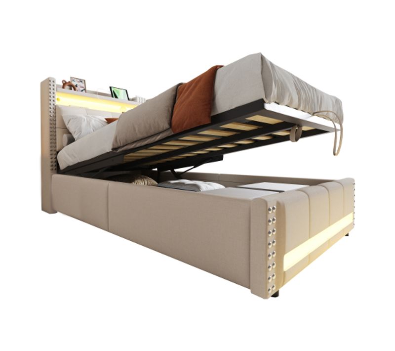 Lit Coffre Enfan 90x200 Cm Avec Éclairage LED, USB, Tête De Lit Avec Étagères, Lin, Beige