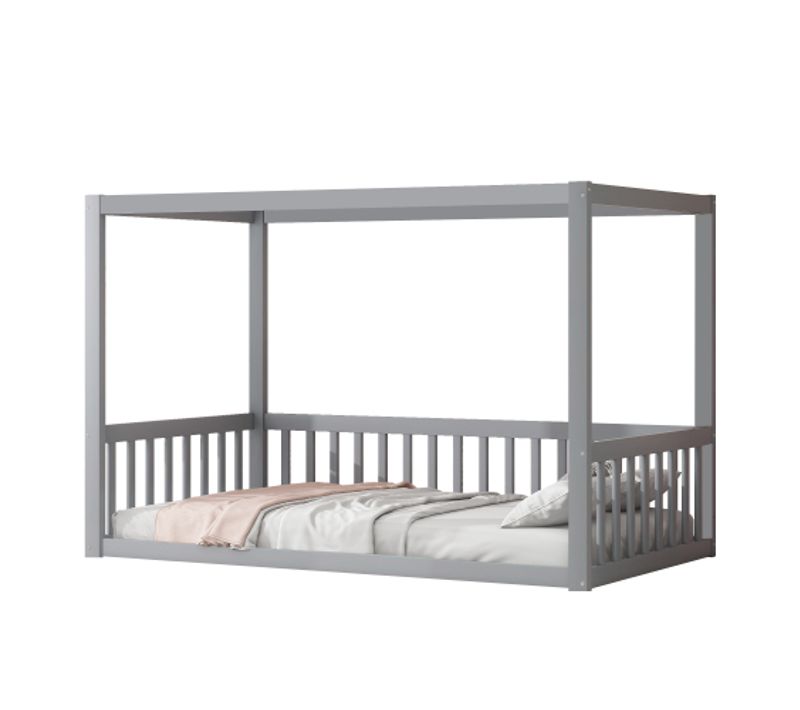 Lit Enfant 90x200 Cm, Cadre De Lit à Baldaquin, Bois, Gris