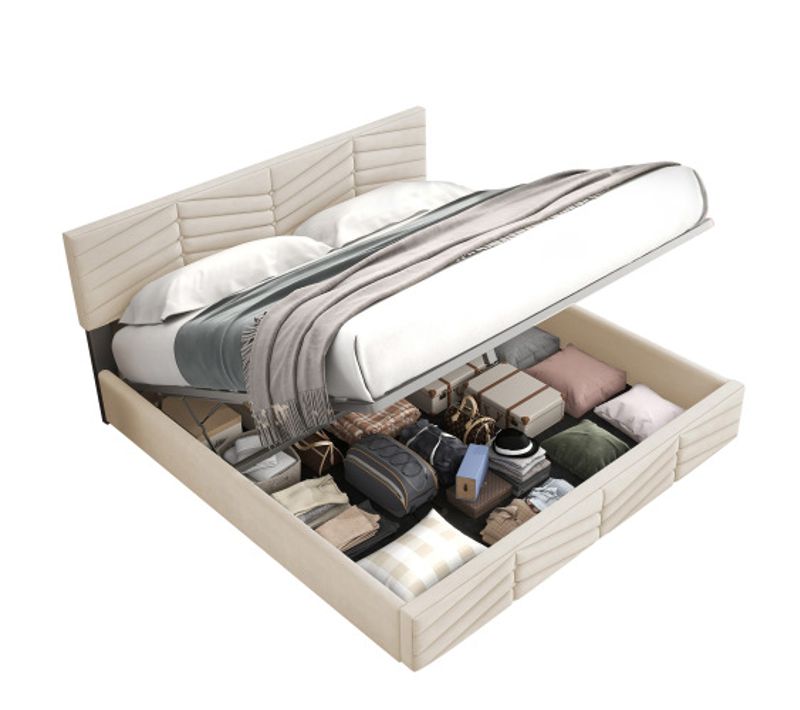 Lit Coffre 140x190 Cm Lit Adulte Style Rayé, Tête De Lit Réglable En Hauteur, Velours, Beige