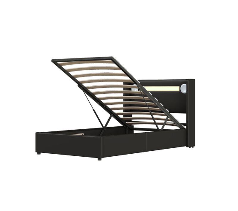 Lit Coffre 90x200 Cm Lit Enfant Avec Éclairage LED, Lecteur Bluetooth, Charge USB, Cuir Pu, Noir