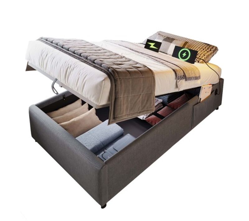 Lit Coffre 90×190 Cm, Lit Enfant Avec Port De Charge USB-c, Sans Tête De Lit, Lin, Gris