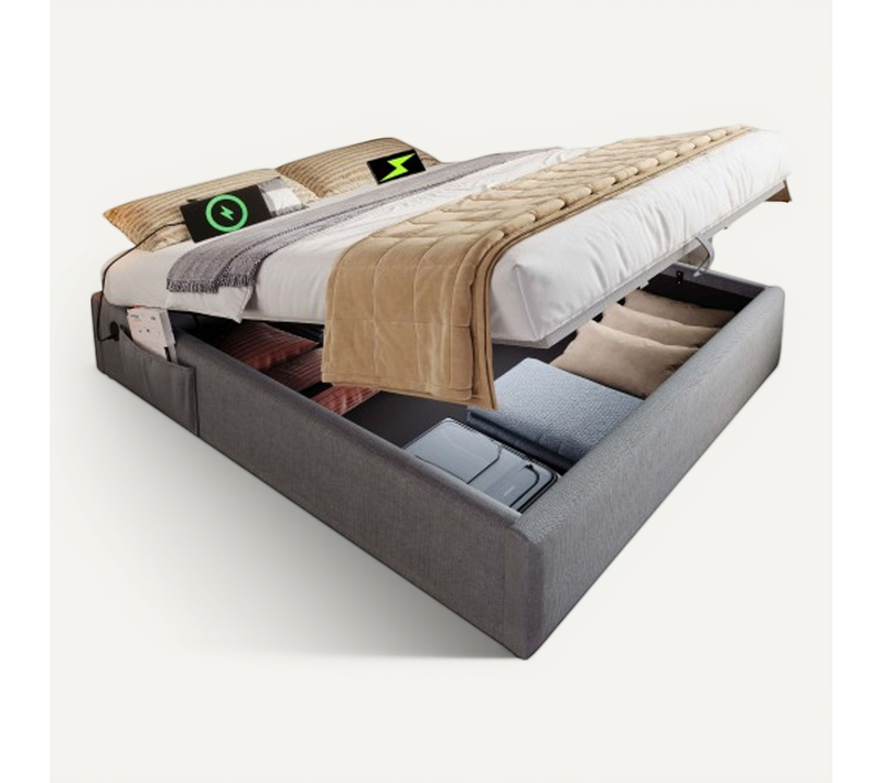 Lit Coffre 140×200 Cm, Lit Adulte Avec Port De Charge USB-c, Sans Tête De Lit, Lin, Gris