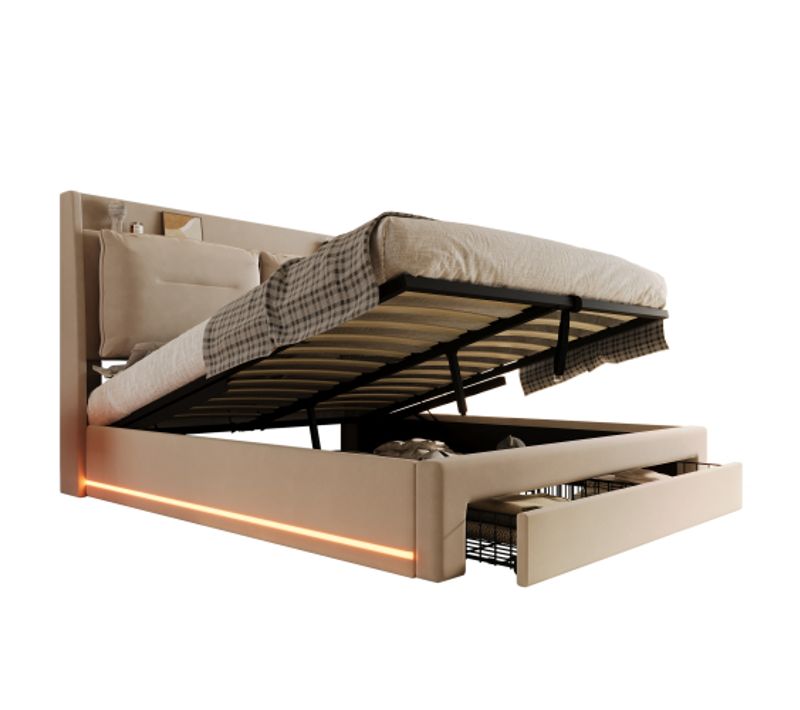 Lit Coffre 140x190 Cm, Lit Adulte Avec 2 Tiroirs, Éclairage LED, Velours, Sans Fond,beige