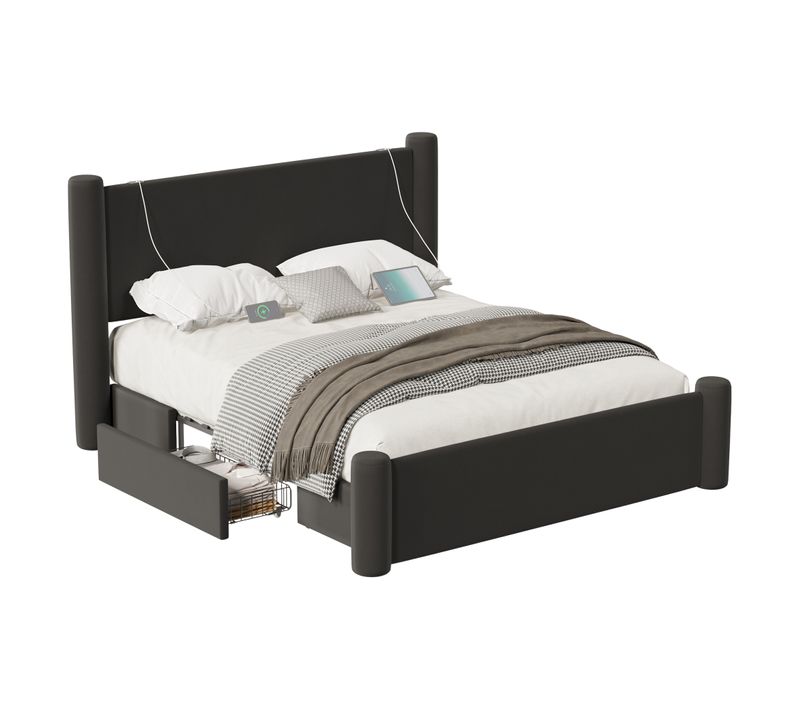 Lit Adulte 160x200 Cm Avec 2 Tiroirs, Pieds Cylindriques, Port USB, Velours, Noir