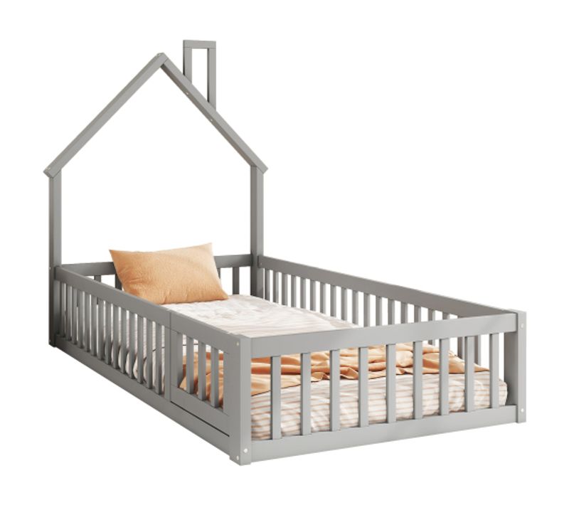 Lit Cabane 90x200 Cm, Lit Enfant Avec Tête De Lit Cheminée, Barrière De Lit, Sommier à Lattes, Gris