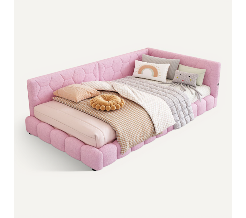 Lit Enfant 90x200 Cm Avec Lumières LED 16 Couleurs, Ports USB Et Type-c, Sommier à Lattes, Rose