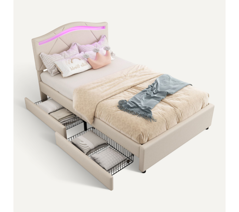 Lit Enfant 90x200 Cm Avec 2 Tiroirs, Éclairage LED Télécommandé, Tête De Lit Réglable, Lin, Beige