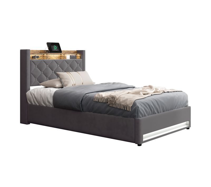 Lit Enfant Coffre 90x190cm Avec Rangement, Sommier, LED Et Chargement USB, Velours, Gris Foncé
