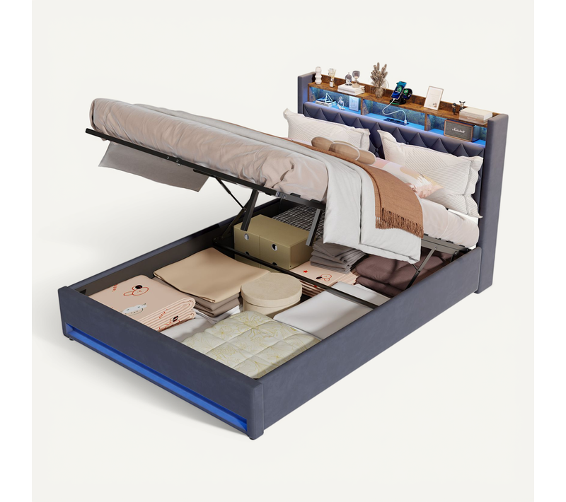 Lit Coffre 160x200 Cm, Lit Avec Rangement, LED Et Port USB De Recharge, En Velours, Gris Foncé