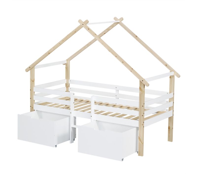 Lit Cabane 90x200 Cm, Lit Mi-hauteur, Lit Enfant Avec Escalier, 2 Casiers à Roulettes, Pin, Blanc