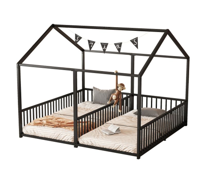 Lit Cabane 90x200 Cm, Lit 2 Personnes, Lit En Métal, Lit Enfant, Noir