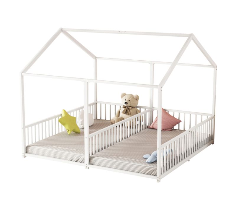 Lit Cabane 90x200 Cm, Lit 2 Personnes, Lit En Métal, Lit Enfant, Blanc