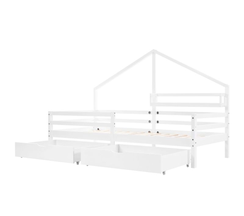Lit Cabane Enfant 90x200 Avec Étagère De Rangement Et 2 Grands Tiroirs, Forme Cheminée, Blanc