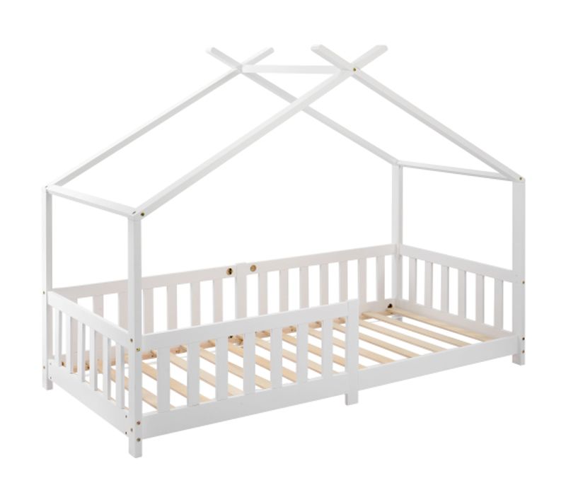 Lit Cabane 90x200 Cm, Lit Enfant Avec Barrière Et Sommier à Lattes, En Bois, Blanc