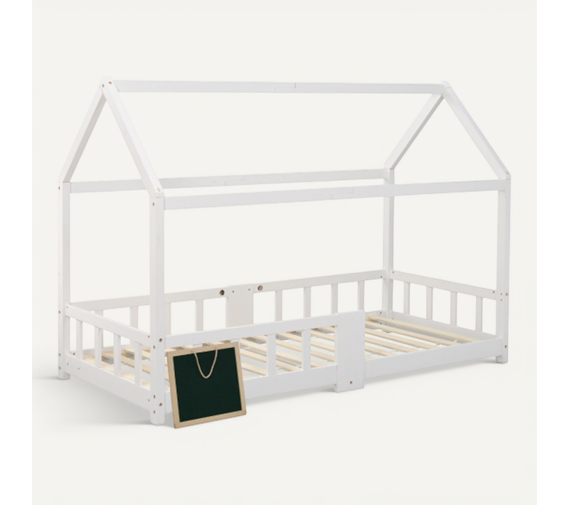 Lit Cabane 90x200 Cm, Lit Enfant Avec Tableau Noir Et Sommier à Lattes, Blanc