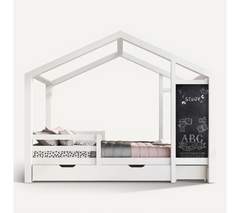 Lit Cabane 90x200 Cm, Lit Enfant Avec 2 Tiroirs Et Tableau Noir, Barrière Et Sommier à Lattes, Blanc