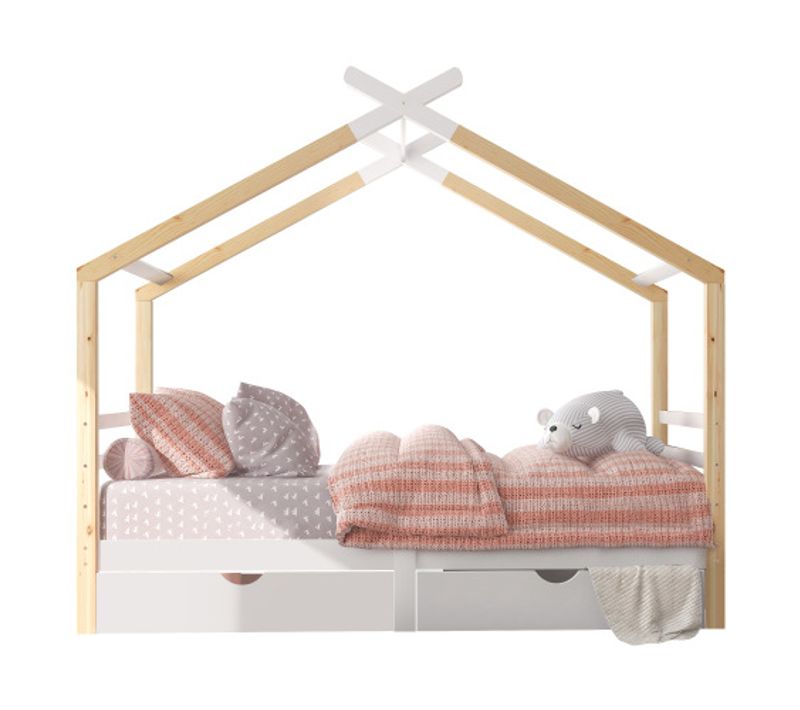 Lit Cabane 90x200 Cm, Lit Enfant Avec 2 Tiroirs Et Sommier à Lattes, En Pin, Couleur Blanc Et Bois